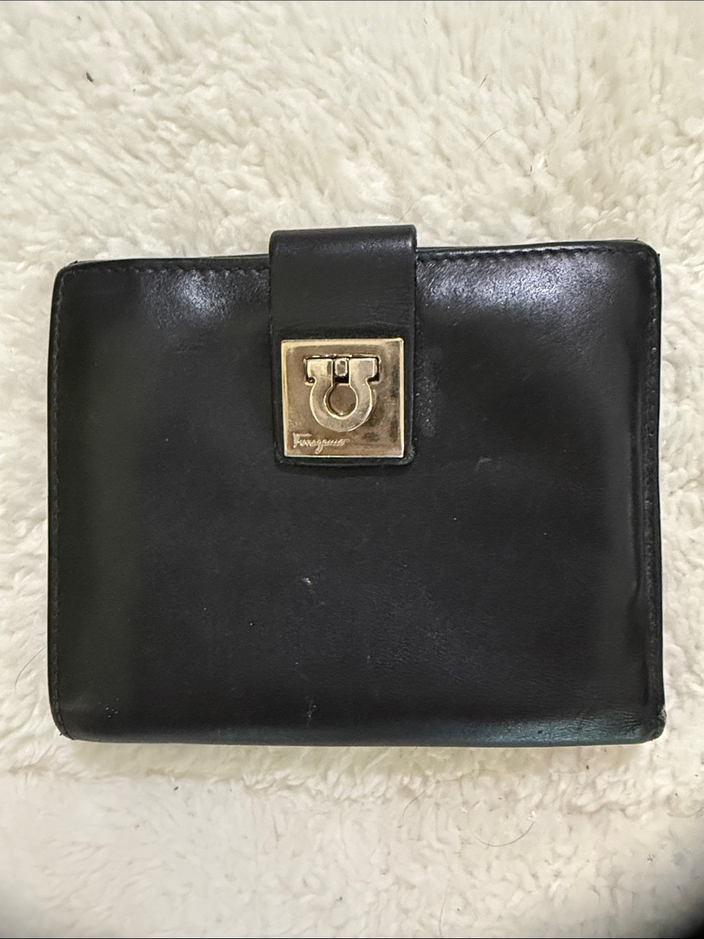 Salvatore Ferragamo Black Leather Wallet with Silver Gancini Plaque